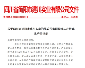 關于四川省簡陽市建川實業(yè)有限該公司表面處理工序停止生產的請示